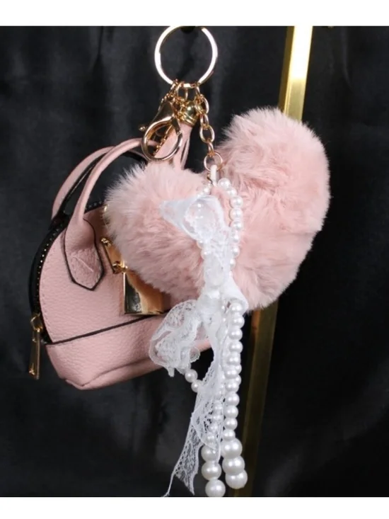 Posh + Pop NWT Pink Leather Mini Bag & Fluffy Heart w/Pearls Bag Charms - Picture 3 of 4